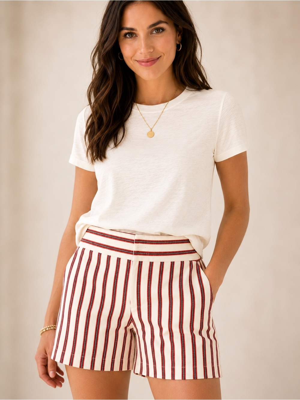 LOFT Striped Tailored Shorts Size 4 Cream Red Resort Vacation Summer Preppy